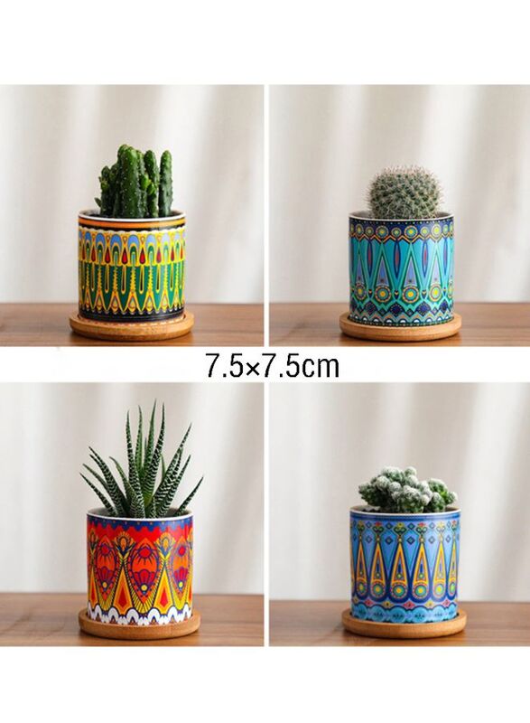 4 Pcs Succulent Plant Pots Small Modern Ceramic Indoor Planter with Bamboo Tray for Cactus Herbs Home Design 2 (Plants Not Included)