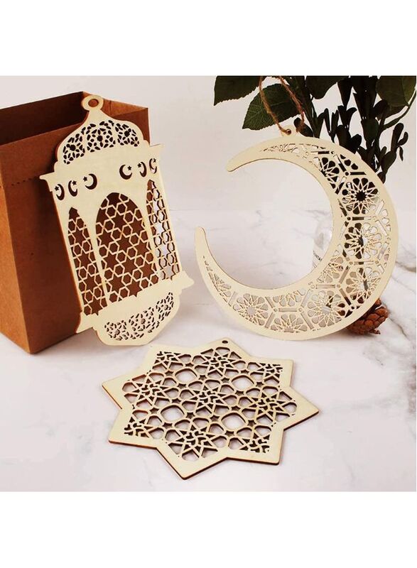 3 Pieces Wooden Hollow Pendant Ornament Eid Ramadan Festive DIY Decorations with Hanging Moon Star Wind Light Shape Ornament for Eid Mubarak, Home Wedding Party