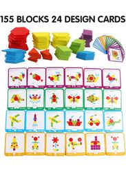 155 Pcs Wooden Pattern Blocks Set Geometric Shape Puzzles Preschool Learning Toy STEM Gift for Kids - Kindergarten Educational Montessori Tangram Toys for Boys & Girls with 24 Pcs Design Cards
