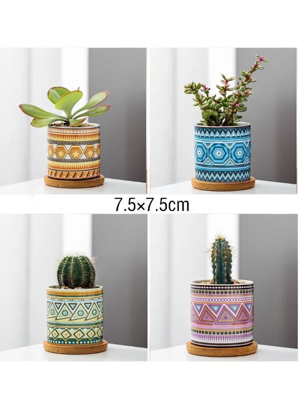 4 Pcs Succulent Plant Pots Small Modern Ceramic Indoor Planter with Bamboo Tray for Cactus Herbs Home Design 1 (Plants Not Included)
