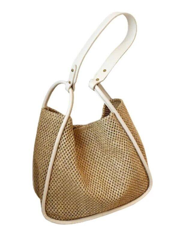 Fashionable Large Capacity Light Brown Straw Bag for Women - The Perfect Accessory for Everyday Style, White