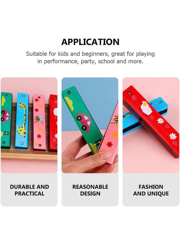 Kids Harmonica Wooden Children Harmonica Toys Colored Printed Diatonic Harmonica Mouth Organ Early Educational Musical Instruments, Design 10