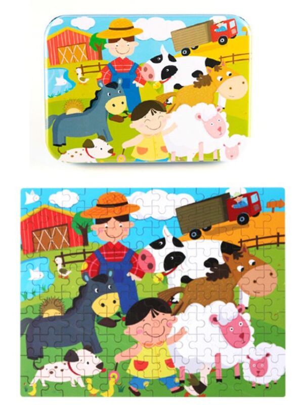 Wooden Jigsaw 120 Pieces Cartoon Animals Fairy Tales Puzzles Children Wood Early Learning Set Montessori Education Toy Kids Gift, Farm Animals
