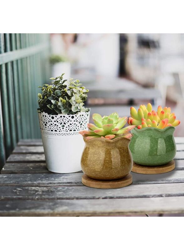 6 Pcs Colorfull Succulent Pots, Ceramic Ice Flower Planters, Colorful Pot with Bamboo Trays, Pack of 6 (Plants Not Included)