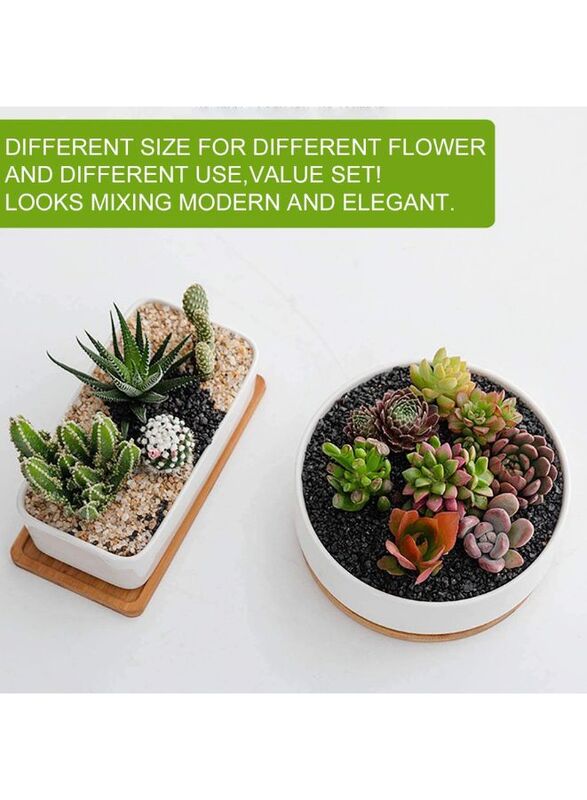 White Ceramic Planter with Bamboo Tray, Planters for Succulents, Indoor Home Decor, 1 Rectangle Pot + 1 6.5 Inch Round Cactus Pot Set