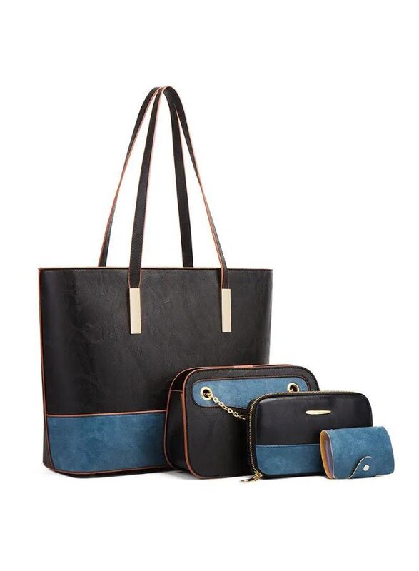Women's 4-Piece Leather Tote Bag, Top-Handle Shoulder Bag, Blue/Patchwork