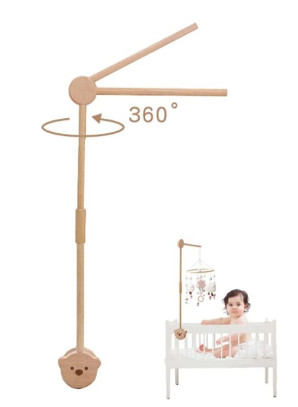 85.5 CM Wooden Baby Bed Musical Mobile Crib Arm with Music Box Baby Mobile Holder for Nursery Decor, Infant Bed Mobile Arm Holder