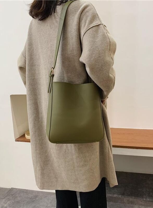 Vintage Simple Women Bucket Bag Handbag, Large Capacity Shoulder Bag Totes Solid Color Underarm Bag, Olive