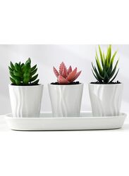 3 Pcs Geometric Succulent Designed Planter with Trey, Set of 3 White Ceramic Succulent Cactus Square Planter Pots with Bamboo Tray(Plants NOT Included)