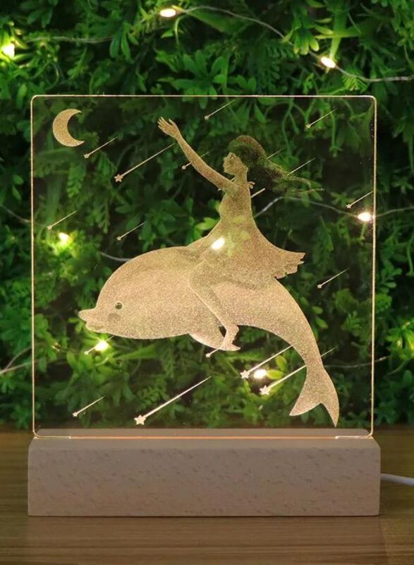 3D Acrylic Night Light Table Lamp with Wooden Base, Best Gift for Birthday, Anniversary, and Home Decor (Girl and Dolphin)