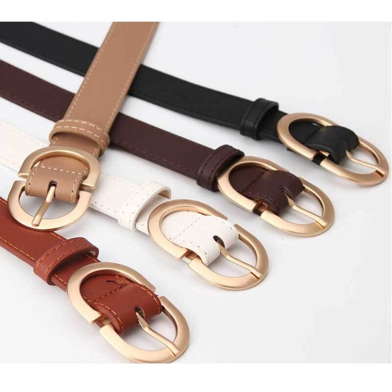 Gold Double Ring Buckle Leather Belt For Ladies, Luxury Design Casual Jeans Thin Waist Seal Leather Belt for Women, Khakhi