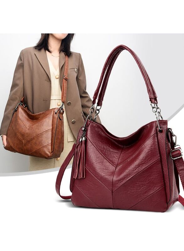 Large Casual Women's Shoulder Bag Ladies Messenger Bag Luxury Brand Designer High Quality Leather Retro Handbag, Maroon