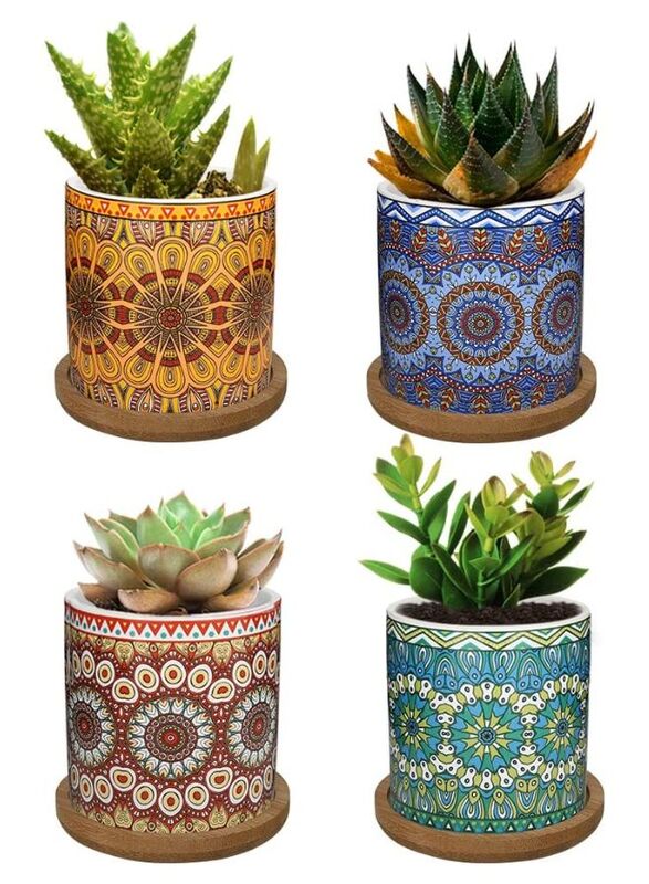 4 Pcs Succulent Plant Pots Small Modern Ceramic Indoor Planter with Bamboo Tray for Cactus Herbs Home Design 6 (Plants Not Included)