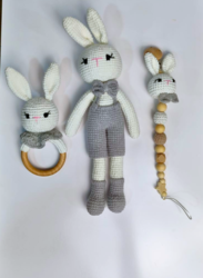 Handmade Natural Wooden and Cotton Crochet Toy Doll with rattle and Pacifier Chain for Baby Friend Amigurumi Crochet Sleeping Buddy for Kids and Adults, Bunny 3 25cm