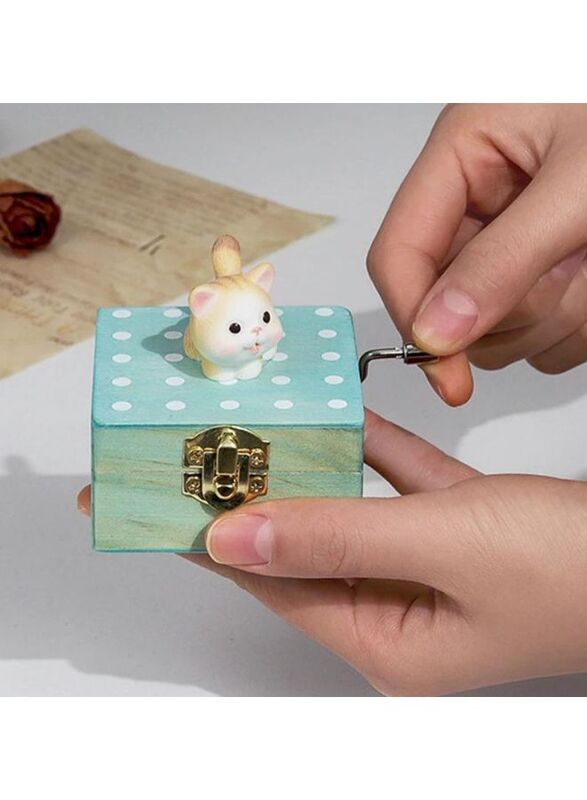 Cute animal hand crank music box wooden crafts ornaments music box, Mini Gift Wrapped Wooden Hand Crank Music Box with Lovely Pet, Orange Cat