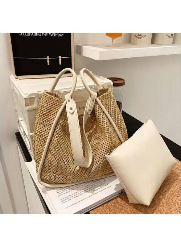 Fashionable Large Capacity Light Brown Straw Bag for Women - The Perfect Accessory for Everyday Style, White