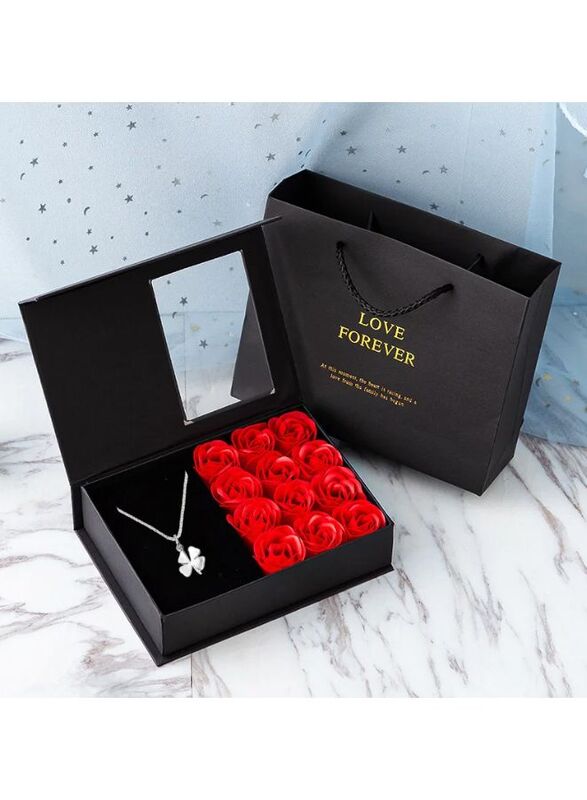 Valentine's Day Gift Box with clover necklace: Eternal Rose, Soap Flowers, Jewelry Gift Box for Valentine's Day, Mother's Day, Wedding and Anniversary