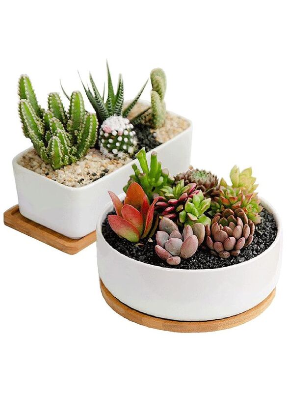 White Ceramic Planter with Bamboo Tray, Planters for Succulents, Indoor Home Decor, 1 Rectangle Pot + 1 6.5 Inch Round Cactus Pot Set