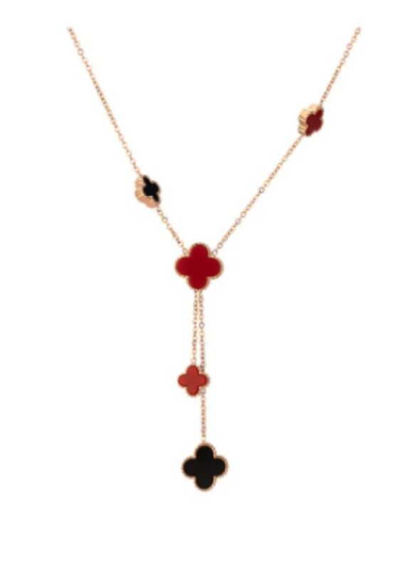 Stylish Double Sided Red and Black Coloured Clover Shell Pendant Necklace for Women - Timeless Beauty in Stainless Steel 18k