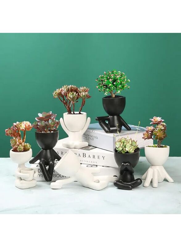 Ceramic Succulent Black Plant Pot Creative Human Shaped Small Cactus pots Flower Pots Mini Plant Planters for Desktop Usage Home Decoration, Man 4