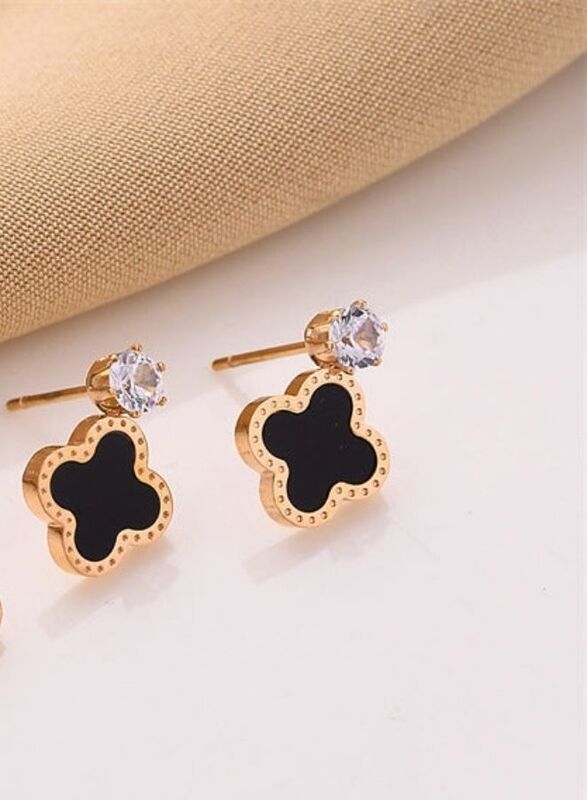 Four Leaf Clover Earrings for Women , Lucky 4 Leaf Ear Studs Jewelry Gift for Mother and Daughter , Black
