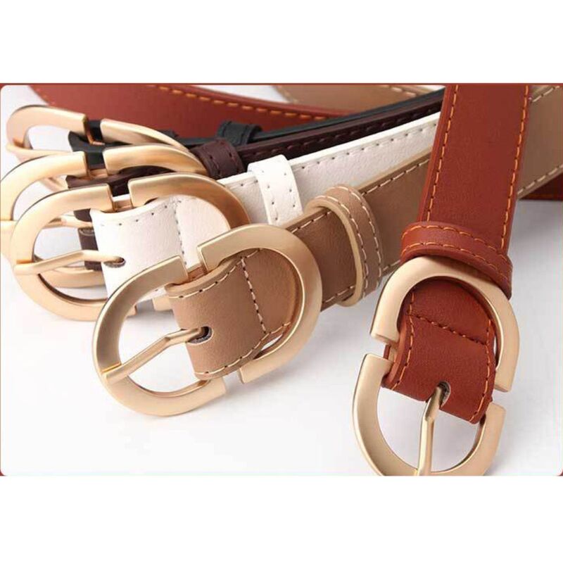 Gold Double Ring Buckle Leather Belt For Ladies, Luxury Design Casual Jeans Thin Waist Seal Leather Belt for Women, White