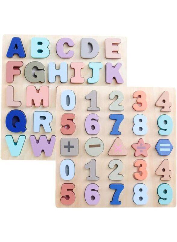 Large Alphabet Upper Case Letter and Number Wood Montessori Learning Board Educational Toys for Kids Set of 2