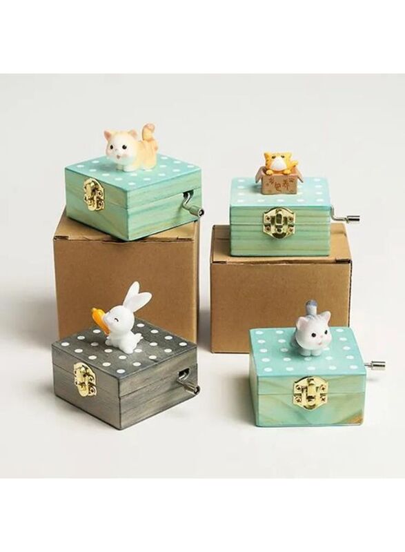 Cute animal hand crank music box wooden crafts ornaments music box, Mini Gift Wrapped Wooden Hand Crank Music Box with Lovely Pet, Rabbit