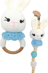 Handmade Natural Wooden and Cotton Crochet Toy Doll with rattle and Pacifier Chain for Baby Friend Amigurumi Crochet Sleeping Buddy for Kids and Adults, Bunny 1 25cm
