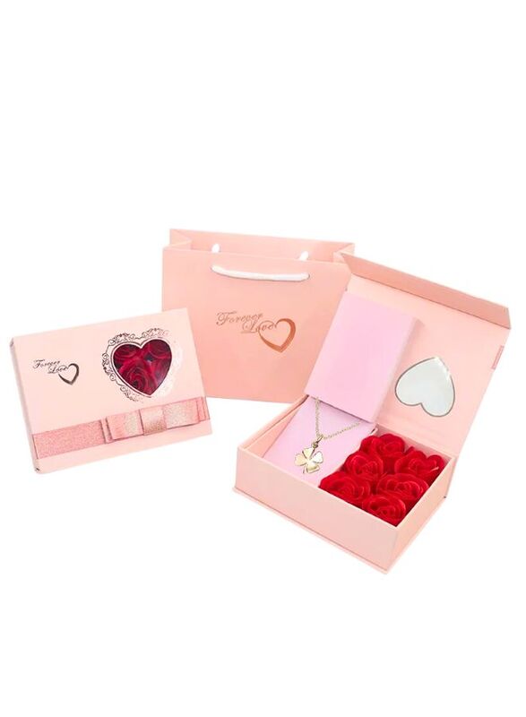 Romantic Valentine's Day Gift Box with Clover Necklace, Rose-themed Jewelry Packaging Box for Rings, Bracelets, and Necklaces, Perfect Valentine, Mother's Day and Anniversary