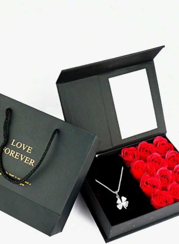 Valentine's Day Gift Box with clover necklace: Eternal Rose, Soap Flowers, Jewelry Gift Box for Valentine's Day, Mother's Day, Wedding and Anniversary