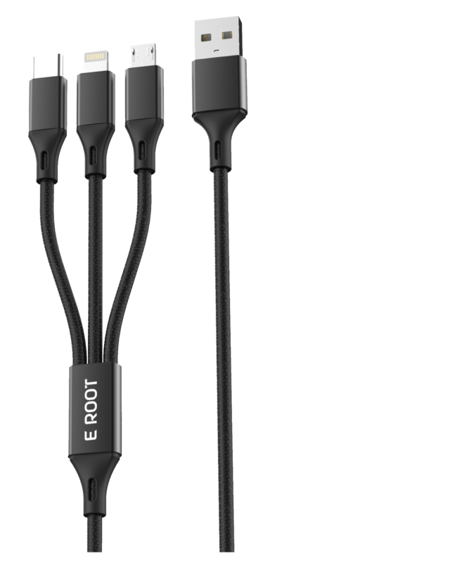E-Root 3-In-1 Micro USB Type-C Lightning Data Sync And Charging Cable Black
