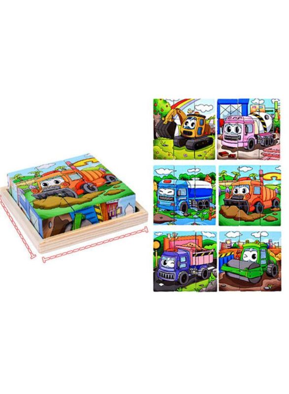 Six-sided 3D Cubes Jigsaw Puzzles With Wooden Tray Toys For Children Kids Educational Toys Funny Games, Construction Vehicles