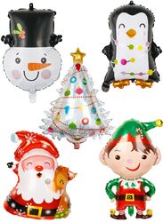 5pcs Christmas Foil Balloons include 1 x Santa Claus, 1 x Snowman, 1 x Penguine, 1 x Elf, 1 x Christmas Tree Happy Holidays Giant Balloon Decoration Party Supplies