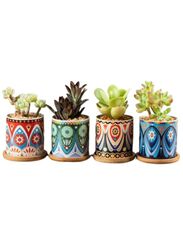 4 Pcs Succulent Plant Pots Small Modern Ceramic Indoor Planter with Bamboo Tray for Cactus Herbs Home Design 3 (Plants Not Included)