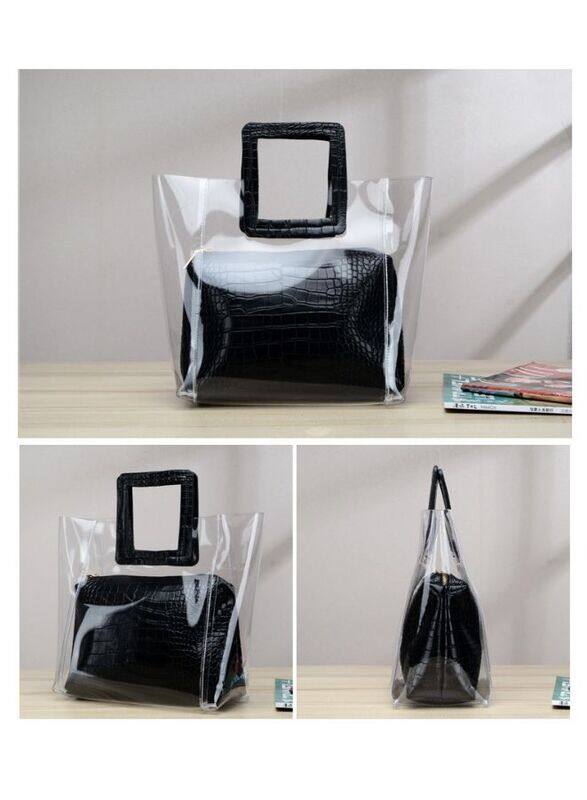 Transparent Black Leather Bag for Women - Stay Fashionable While Keeping Your Belongings Organized, Black