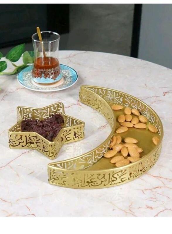 2 Pcs Ramadan Moon Star Shaped Trays Metal Serving Dishes Islamic Ramadan Table Decoration Gold Moon and Star Ramadan Tray for Dessert, Dryfruits and Pastry Plates Muslim Party