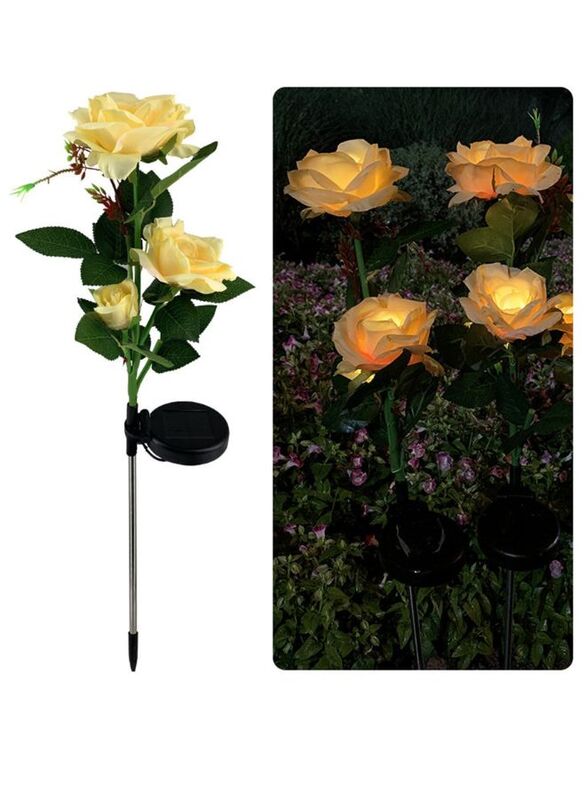 Beautiful Romantic Waterproof Solar Powered 3 LED Simulation Rose Flower Light Lamp Landscape Lighting With Stake For Outdoor Garden Yard Lawn Path Balcony Party Decoration, Yellow