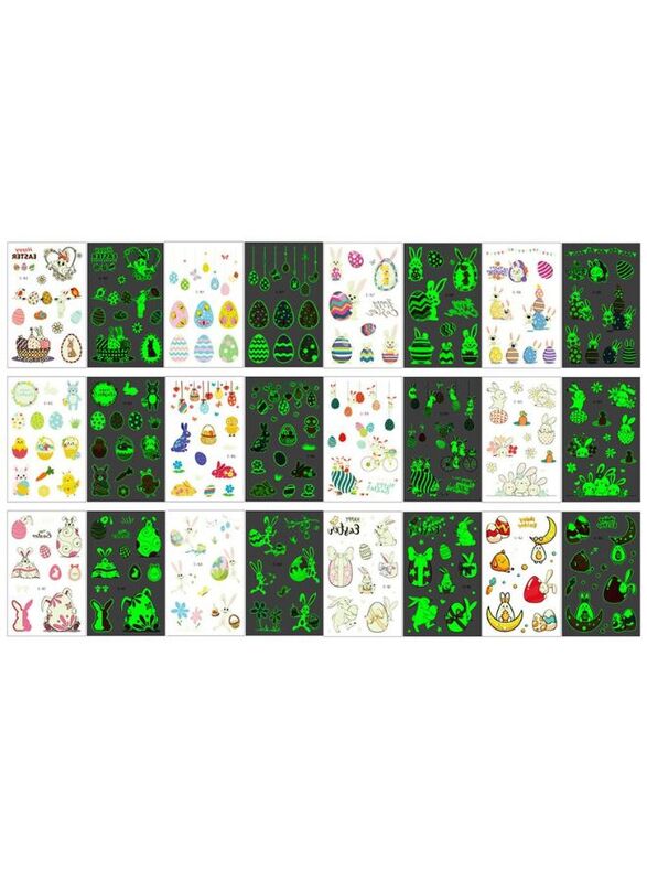 Easter Glow Temporary Tattoos for Kids, 288 Pieces Waterproof Mixed Style Cartoon Fake Tattoo, Glow in The Dark Fake Tattoos Easter bunny, eggs Waterproof Temporary Tattoo Stickers