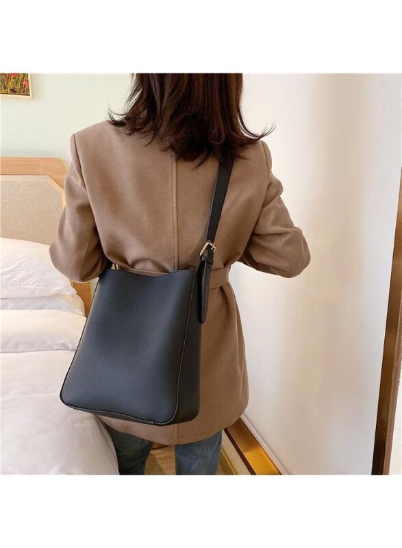 Vintage Simple Women Bucket Bag Handbag, Large Capacity Shoulder Bag Totes Solid Color Underarm Bag, Black