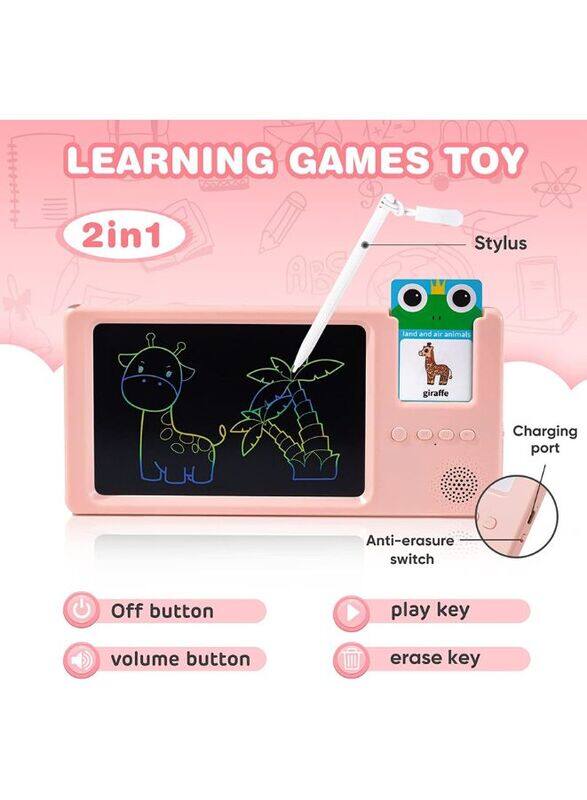 LCD Writing Drawing Board Doodle Tablet,Talking Flash Cards Speech, with 112 Cards with words and Pictures for Kids and Toddlers, Pink