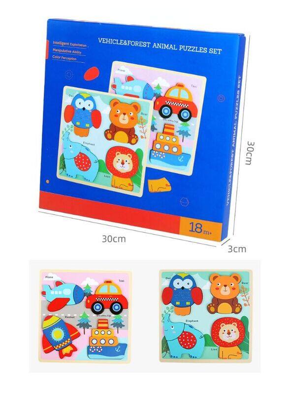 2 Pcs Big size Wooden Puzzles for Toddlers Baby Wood Animal Toys for Kids Jigsaw Puzzle Learning Educational Toys for Toddlers, Vehicles and Forest Animals