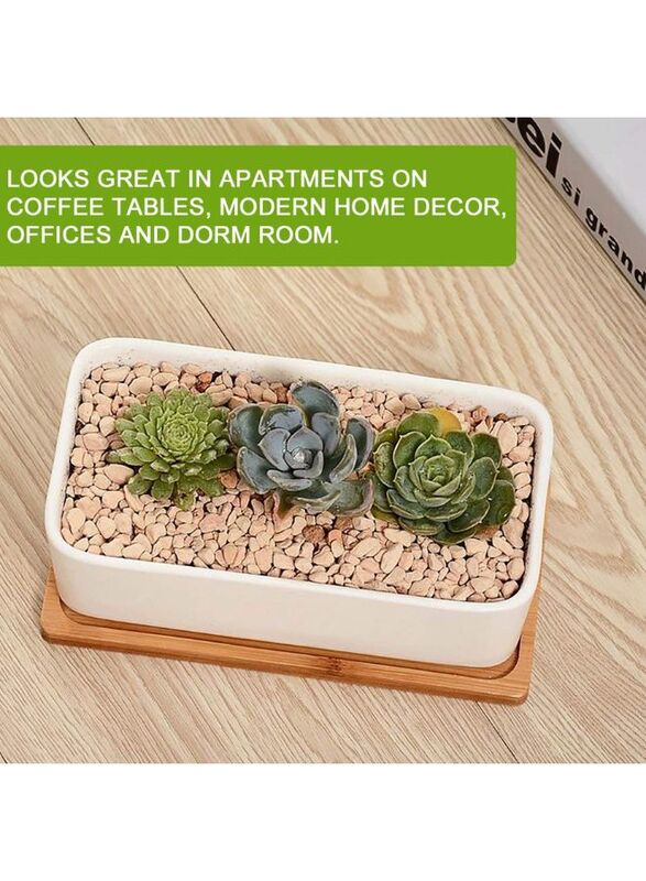2 Pcs White Ceramic Rectangle Planter with Bamboo Tray, Planters for Succulents, Indoor Home Decor, 2 Rectangle Cactus Pot Set