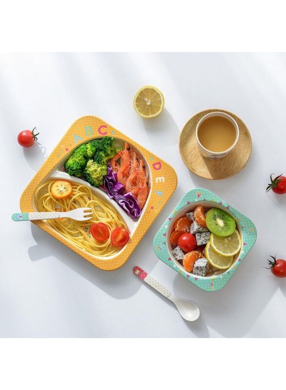 5PCS Unbreakable Kids Plate and Bowl Set for Healthy Mealtime, Bamboo Children Dishware Set with Plate, Bowl, Cup, Fork and Spoon, BPA Free Dishwasher Safe, Deer