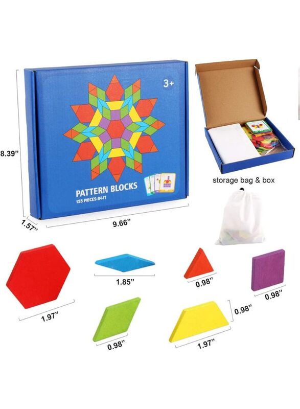 155 Pcs Wooden Pattern Blocks Set Geometric Shape Puzzles Preschool Learning Toy STEM Gift for Kids - Kindergarten Educational Montessori Tangram Toys for Boys & Girls with 24 Pcs Design Cards