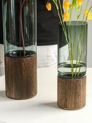 Elegant Glass Flower Vase with Wooden Base - Handcrafted Home Decor for Home and Offices