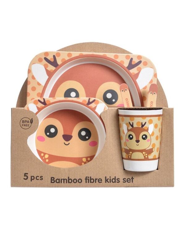 5PCS Unbreakable Kids Plate and Bowl Set for Healthy Mealtime, Bamboo Children Dishware Set with Plate, Bowl, Cup, Fork and Spoon, BPA Free Dishwasher Safe, Deer