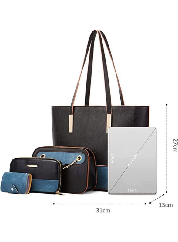 Women's 4-Piece Leather Tote Bag, Top-Handle Shoulder Bag, Blue/Patchwork