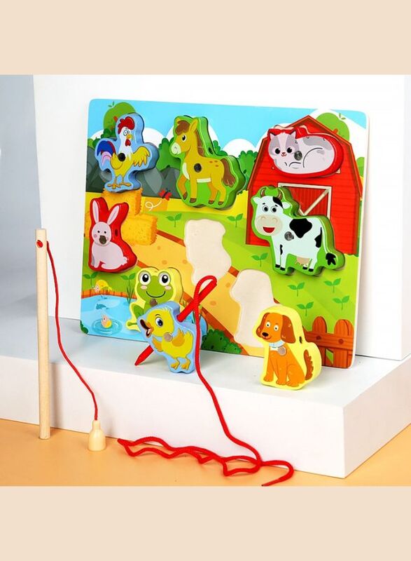 Wooden Magnetic Fishing Game Toys Set with Fish Rod, Cognition Fish Rod Toys Parent-child Interactive Early Educational Toy, Farm Animals