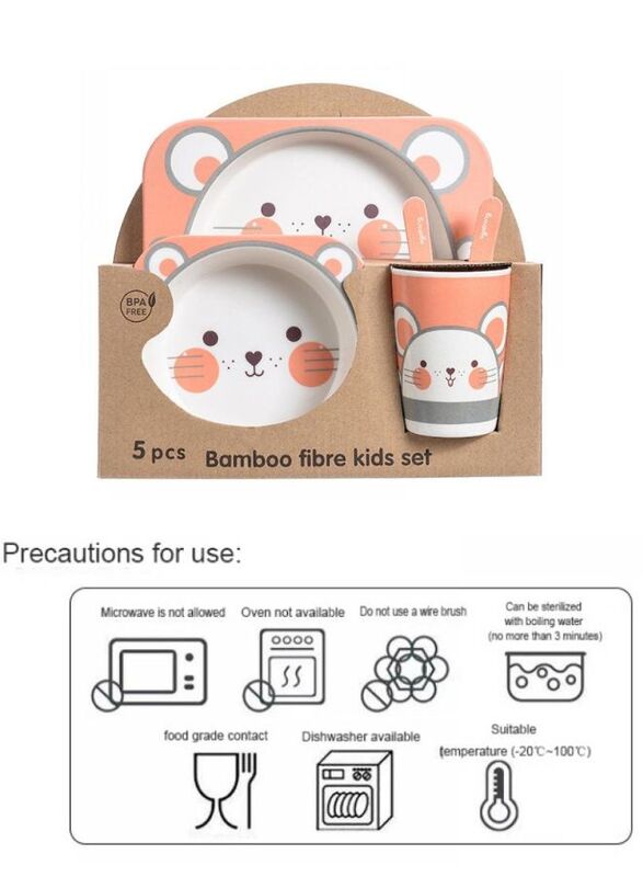 5PCS Unbreakable Kids Plate and Bowl Set for Healthy Mealtime, Bamboo Children Dishware Set with Plate, Bowl, Cup, Fork and Spoon, BPA Free Dishwasher Safe, Mouse